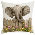 Funda de cojín cuadrada de lino con lindo elefante pintado a mano y flores silvestres - Estilo Elefante de Orejas Grandes (TQYM71-8) / 45*45cm Lino de una sola cara