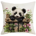 Funda de cojín de lino con tierno panda en valla de madera y flores rosas - Estilo de Ilustración de Panda (TQYM71-9) / 45*45cm Lino de una sola cara