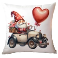 Square Valentine pillow cover with gnome driving a vintage car with red heart balloon - Gnome Driving Car with Flowers Style (CRD15-16) / 45x45cm