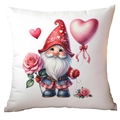 Square white pillowcase with a cute gnome holding pink hearts and roses illustration - Gnome Holding Pink Balloon Style (CRD15-17) / 45x45cm