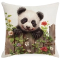 Funda de cojín de lino con panda en valla de madera y coloridas flores silvestres - Estilo Panda Juguetón (TQYM71-10) / 45*45cm Lino de una sola cara