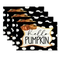 Four-piece set of black polka dot placemats featuring pumpkin design and hello PUMPKIN text - Hello Pumpkin Polka Dot (CD61-15)