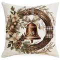 Federa natalizia vintage in lino con campana di bronzo e ghirlanda di pigne e rami - 45x45 cm / Stile Campanella Bronzo con Corona Pigne (YMD514-19)