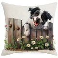 Funda de cojín cuadrada beige con diseño de cachorro Border Collie y margaritas - Estilo Cachorro de Border Collie (TQYM71-15) / 45*45cm Lino de una sola cara
