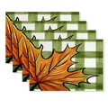 Set of 4 heat resistant placemats with green white plaid and orange maple leaf print - Green White Grid Orange Maple (CD61-18)