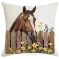 Funda de cojín de granja con diseño de caballo marrón y flores de primavera - Estilo Caballo Marrón (TQYM71-22) / 45*45cm Lino de una sola cara