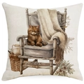 Federa natalizia in lino con gatto dipinto a mano e poltrona in stile rustico - 45x45 cm / Stile Gatto su Poltrona Retrò (YMD514-21)