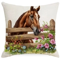 Funda de cojín rústica de lino con diseño de caballo en acuarela y flores en blanco - Estilo Caballo Flores Azules (TQYM71-23) / 45*45cm Lino de una sola cara