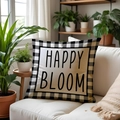 Linen pillow cover with Happy Bloom print and black-white checkered border on sofa - 45*45cm Linen Single-Sided No Insert / Happy Bloom (SPP004-1)