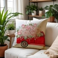 Leinen-Kissenhülle mit rotem Oldtimer-LKW und rosa Rosen für das Sofa-Dekor - Roter Retro Truck Floral Cremeweiß (SPP005-3) / 45x45cm Einseitig ohne Kern