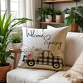 Linen pillow cover with 'Welcome Spring' truck print on a white sofa in a cozy home setting - 45*45cm Linen Single-Sided No Insert / Welcome Spring (SPP004-4)