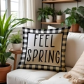 Feel Spring linen throw pillow with black and white plaid border on a white sofa - 45*45cm Linen Single-Sided No Insert / Feel Spring (SPP004-3)