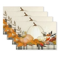Set of 4 Thanksgiving placemats with pumpkins, autumn maple leaves and grey checkered borders - Gray Plaid Pumpkin Maple (CD61-24)