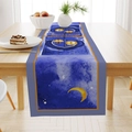 Blauer Aquarell Ramadan Kareem Tischläufer mit Mond, Sternen und Laternenmotiven - Blau Violett Aquarell Stern Mond Stil (ZQ43-4)