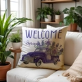 Lavendel Kissenhülle mit Vintage Truck und Welcome Spring Motiv auf weißem Sofa - Lila LKW (SPP013-1) / 45*45cm Leinen Einseitig Ohne Füllung