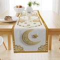 Elegante runner da tavola Ramadan bianco e oro con motivi di luna crescente e stelle - Stile Lettera Oro Bianco Lampadario Luna Stella (ZQ43-6)