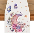 Runner da tavola con luna ad acquerello, rose e piume su fondo legno - Stile Luna Viola Rosa Piuma (ZQ43-11)