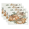 Set of 4 Thanksgiving placemats featuring autumn pumpkins and green leaves on beige fabric - Polka Pumpkin Bow Style (CD61-32)