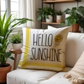 Linen sunflower pillow cover with yellow plaid and Hello Sunshine text on sofa - Linen Single Side Without Core / Sunflower Text Style (SPP017-1)