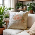 Spring themed throw pillow case with rose floral print and artistic lettering on white sofa - 45x45cm