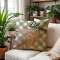 Spring Bloom floral throw pillow cover with green gingham pattern for sofa decor - 45x45cm