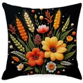 Detailed macro of floral pattern on black throw pillow cover featuring wheat and sunflowers - Black Autumn Rich Floral (ymdd01-20) / Double Sided Print Without Core