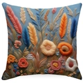 Square floral cushion cover with high-detail faux embroidery patterns on cotton linen fabric - Artistic Shape Floral (ymdd01-7) / Double Sided Print Without Core