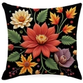 Detailed close-up of a square black pillowcase with vibrant floral and leaf patterns - Black Modern Illustration Floral (ymdd01-10) / Double Sided Print Without Core