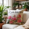 Deko-Kissenbezug aus Leinen mit Aquarell Rosen und Schriftzug Love lives here - Love Lives Here Rosenmuster (SPP020-2)