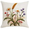 Detailed texture of cotton linen pillowcase with colorful floral and daisy embroidery print - Beige Fresh Floral (ymdd01-9) / Double Sided Print Without Core
