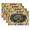 Close-up of 4-piece black and gold 2025 New Year placemats with snowflake patterns - Regular Linen / Black Red Block Snowflake Style (TCD01-12)