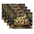 Detailed macro view of 2025 New Year place mats set with golden text on black background - Regular Linen / Black Gold Lantern Festive Style (TCD01-11)