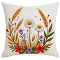 Square faux embroidery pillow cover with floral daisy and wheat pattern in rural style - Wheat Daisy Embroidery Look (ymdd01-5) / Double Sided Print Without Core