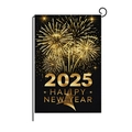 Bandiera da giardino Happy New Year 2025 con fuochi d'artificio oro su tessuto nero e asta - Stile Brillante 2025 HALIPY NEW YEAR (HYQ70-2)