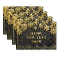 Detail of luxury black and gold 2025 Happy New Year table mats with snowflake patterns - Regular Linen / Black Gold Art Wishes Style (TCD01-9)