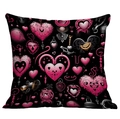 Macro detail of gothic pink heart prints on a square black polyester cushion cover - Gothic Locking Heart Style (CDR04-10)
