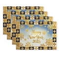 Set of four 2025 New Year placemats with gold Happy New Year text and snowflake motifs - Regular Linen / Blue White Gradient Snowflake Style (TCD01-8)