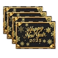 Detail of luxury black and gold Happy New Year 2025 placemats with gold snowflakes - Regular Linen / Black Gold Grid Embossed Style (TCD01-13)