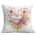 Detailed view of white square cushion cover with floral heart design and Nanny print - Nanny Heart Floral Style (CDR05-6)