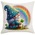 Detailaufnahme der Kissenhülle mit Zwerg-Motiv aus strukturiertem Leinen-Mischgewebe - Gnom mit Regenbogen und Regentropfen (DYM01-3)