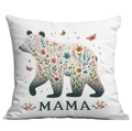 Detail of floral bear print and MAMA typography on white decorative cushion cover - Mama Floral Bear Silhouette Style (CDR05-7)