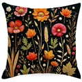 Black decorative throw pillow cover with vibrant floral pattern and botanical embroidery print - Vibrant Botanical Print (ymdd01-21) / Double Sided Print Without Core