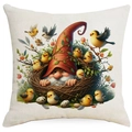 Detailed fabric texture of a gnome and bird nest illustration on a square cushion cover - Gnome with Bird Nest and Chicks (DYM01-5)