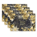 Manteles individuales de lujo negro y oro Año Nuevo 2025 con diseño de copos de nieve - Lino impermeable / Estilo Copo de Nieve Oro Negro (TCD01-1)