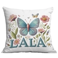 Detail view of floral embroidery with blue butterfly and pink flowers on white pillowcase - Lala Blue Butterfly Embroidery Style (CDR05-19)
