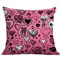 Macro view of pink throw pillow featuring black and white punk style heart graffiti prints - Personified Heart Graffiti Style (CDR04-12)