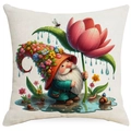 Spring garden gnome pillow cover with floral motif on textured cotton linen fabric - Gnome with Red Hat Sheltering Flowers (DYM01-10)
