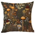 Dettaglio federa con stampa bosco vintage, funghi e fiori secchi su sfondo marrone - Stile Botanico Foresta d'Autunno (CDR07-2)