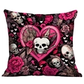 Detailed view of Gothic punk skull and rose print on a square polyester throw pillow cover - Black Pink Skull Rose Style (CDR04-7)