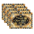Set de 4 manteles individuales de lujo negro y oro Año Nuevo 2025 con motivos de copos de nieve - Lino impermeable / Estilo Radiante Oro Negro Naranja (TCD01-3)